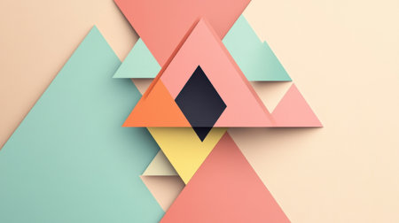 This image showcases an abstract composition featuring geometric shapes, including colorful triangles and diamonds. The soft pastel tones create a modern aesthetic.の素材