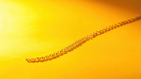 This captivating image features a sleek gold chain lying on a vibrant yellow background, showcasing intricate details and the play of soft light and shadows.の素材