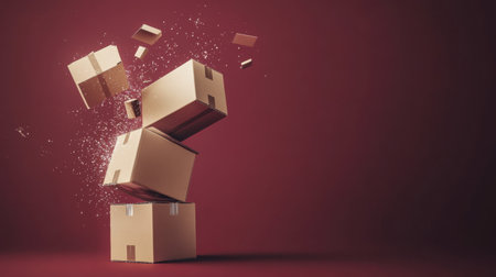 This striking image captures the dynamic movement of multiple cardboard boxes bursting apart in mid-air, set against a rich maroon background.の素材