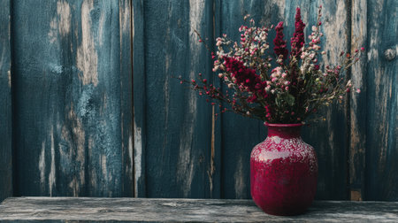 A stunning arrangement of colorful dried flowers in a decorative pink vase set against a rustic blue wooden backdrop, showcasing natural beauty and elegance.の素材