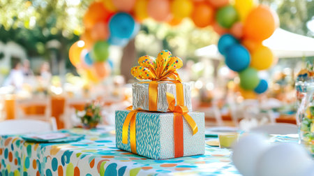 A vibrant outdoor birthday celebration featuring beautifully wrapped gifts on a decorated table among colorful balloons and cheerful decorations.の素材