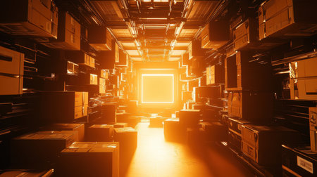 A mesmerizing storage space filled with boxes and storage units, illuminated by a warm orange glow, creating a sense of depth and intrigue.の素材