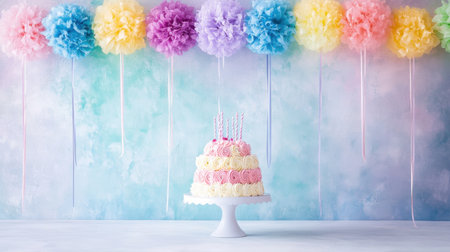 A delightful pastel birthday cake stands elegantly on a white pedestal, surrounded by colorful tissue paper pom poms creating a festive, cheerful atmosphere.の素材