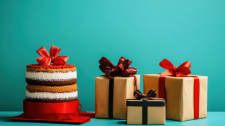 A beautifully arranged scene featuring a decorative cake with rich layers and vibrant gifts wrapped in elegant paper and ribbons, perfect for celebrations.の素材