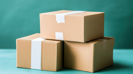 Three stacked brown shipping boxes with white tape sit against a green background, ideal for illustrating themes of e-commerce and logistics.の素材
