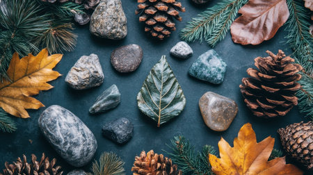 Explore a stunning flat lay of natural elements featuring assorted stones, vibrant leaves, and pine cones, set against a moody dark background, perfect for autumn themes.の素材