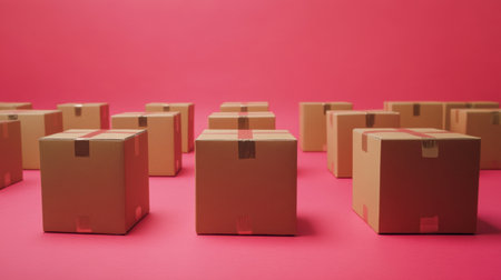 A vibrant arrangement of brown cardboard boxes set against a striking pink background, ideal for themes of shipping, packaging, or e-commerce.の素材