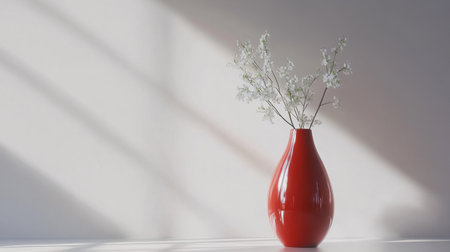 A stunning red vase filled with delicate white flowers stands gracefully in bright sunlight, casting gentle shadows on the simple background for a tranquil atmosphere.の素材