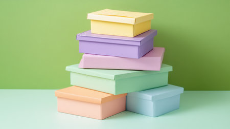 A visually appealing stack of pastel-colored gift boxes arranged harmoniously against a soft green background, perfect for creative storage and decoration ideas.の素材