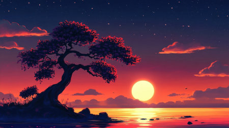 A breathtaking sunset scene featuring a silhouetted tree against a vibrant sky with hues of orange, purple, and blue reflecting on calm water, evoking peace.の素材
