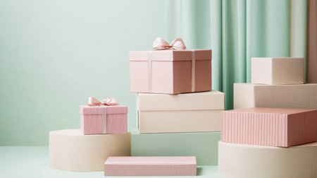 Beautifully arranged pastel gift boxes in soft pink and green tones create a charming display, perfect for celebrations, events, and artistic presentations.の素材