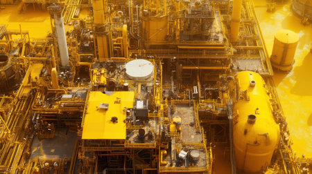 This aerial image captures an industrial plant filled with yellow equipment and pipes under bright sunlight, showcasing advanced production infrastructure.の素材