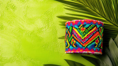 This image features a colorful handcrafted beaded bracelet, showcasing intricate designs against a vibrant green backdrop with tropical leaf accents.の素材