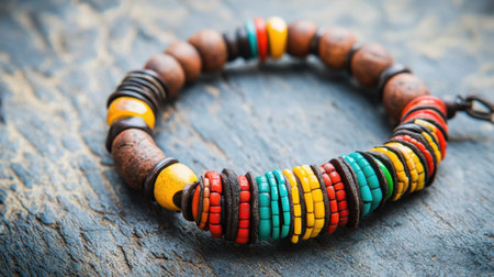 A beautifully crafted bracelet featuring a mix of colorful wooden and glass beads, resting on a rustic wood surface, perfect for adding style to any outfit.の素材