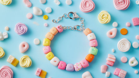 This delightful image showcases a colorful candy-inspired bracelet surrounded by an array of sweet treats. The vibrant pastel colors create a playful and cheerful atmosphere ideal for jewelry and accessory design.の素材