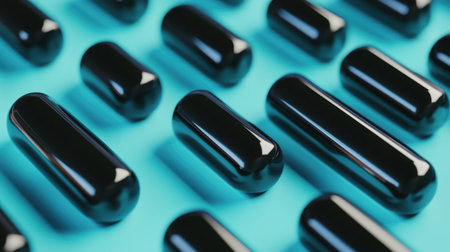 An artistic representation of glossy black capsules arranged on a bright blue background, showcasing their sleek design and modern appeal for diverse applications.の素材
