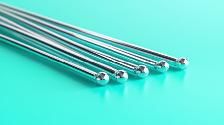 This stock photo showcases shiny metal rods with round ends, arranged neatly against a vibrant turquoise background, perfect for industrial and design themes.の素材