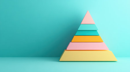 A vibrant pyramid of colorful geometric shapes set against a soothing teal background, showcasing modern design and playful creativity for various uses.の素材