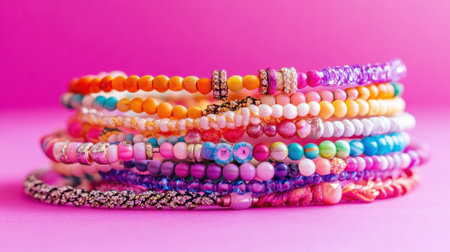 A stunning arrangement of vibrant beaded bracelets showcases a variety of colors and patterns, perfect for showcasing creativity in fashion and jewelry design.の素材