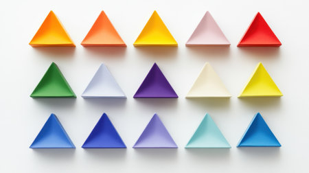 This image showcases a grid pattern of colorful triangular shapes, perfect for art and design projects. The vibrant hue combinations create an engaging visual experience.の素材