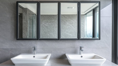 A beautifully designed modern bathroom featuring double sinks and a sleek mirror arrangement. The elegant gray tiles create a stylish and serene atmosphere.の素材