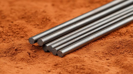 A set of metallic rods arranged neatly on a textured earthy surface, ideal for industries looking for raw materials or creative design inspiration.の素材