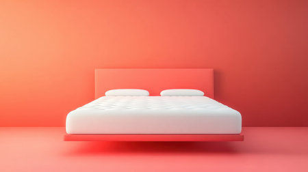 This image features a minimalist bedroom with a floating white bed set against a vibrant coral wall, creating an inviting and modern aesthetic. Perfect for inspiration in interior design.の素材