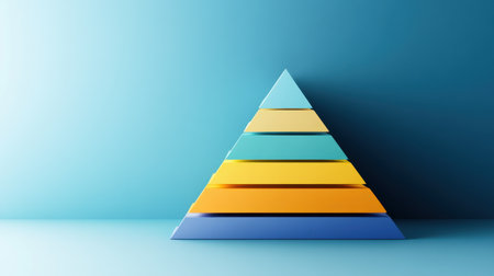 This image features a colorful pyramid structure with layered segments in a flat design set against a calming blue background, evoking creativity and modern aesthetics.の素材
