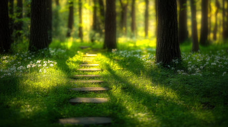 A tranquil forest pathway is illuminated by the warm sunlight filtering through trees. Wildflowers enhance the lush greenery, creating a peaceful atmosphere.の素材