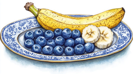A beautiful arrangement of fresh bananas and blueberries on a decorative plate, showcasing sliced bananas. Perfect for healthy eating ideas and vibrant presentations.の素材