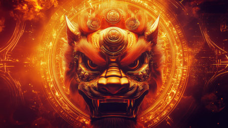 A stunning illustration of a fiery lion mask set against a backdrop of vibrant light and intricate patterns, perfect for artistic and cultural projects.の素材