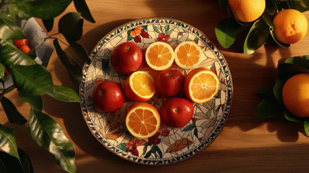 A vibrant composition featuring fresh oranges and red apples arranged elegantly on a decorative plate, surrounded by lush green leaves, perfect for food lovers.の素材