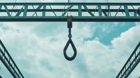 A close-up view of a crane hook suspended from a framework, set against a backdrop of a bright blue sky with soft, fluffy clouds, emphasizing industrial strength.の素材