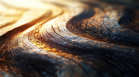 Close-up view of a beautifully textured wooden surface illuminated by warm light, showcasing intricate patterns and organic designs that enhance natural beauty.の素材