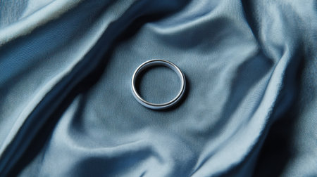 A beautifully crafted silver ring sits atop a piece of soft blue satin fabric, showcasing elegance and luxury, ideal for jewelry and fashion presentations.の素材