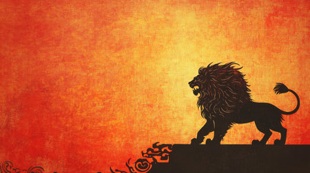 A captivating silhouette of a lion stands proudly against a richly textured orange sunset. This artwork embodies strength and majesty, perfect for inspiring themes.の素材