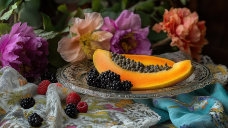 A beautifully arranged papaya slice highlights its vibrant color alongside fresh blackberries and raspberries. Delicate flowers and elegant fabric create a stunning backdrop, perfect for food photography or culinary art.の素材