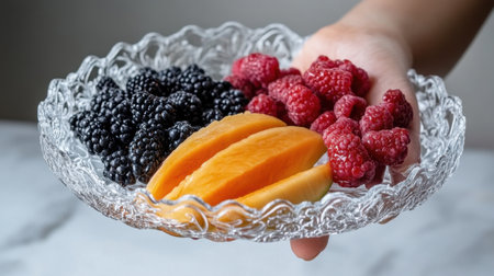 A close-up view of a hand holding a decorative glass plate filled with fresh blackberries, raspberries, and ripe mango slices, showcasing vibrant colors and inviting textures.の素材