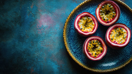 This striking close-up image features halved passion fruits arranged on a decorative blue plate, showcasing vibrant colors and textures, perfect for food enthusiasts.の素材