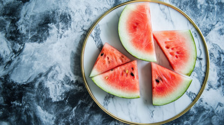 A beautiful arrangement of fresh watermelon slices placed on a stylish marble plate. Perfect for summer dining or healthy snack ideas, this image captures vibrant colors and a refreshing feel.の素材