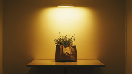 A serene indoor scene featuring a potted plant in a brown paper bag glowing under soft yellow light on a minimalist table, creating a calming ambiance.の素材
