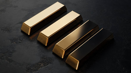 A stunning display of four gold and black bars sits on a dark textured surface, representing luxury, wealth, and valuable investment opportunities in modern finance.の素材
