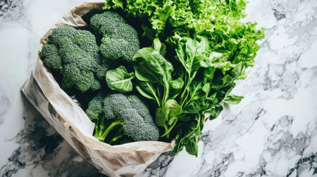 A beautiful arrangement of fresh broccoli and leafy greens in an eco-friendly bag, set on a marble surface, symbolizing healthy eating and nutrition.の素材