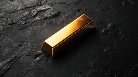 A stunning gold bar resting on a textured black stone surface, symbolizing luxury and wealth. Perfect for finance, investment, and economic themes.の素材