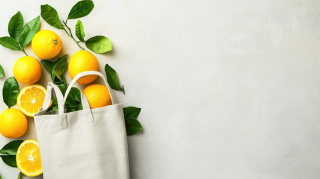 A collection of fresh oranges and citrus leaves arranged beside a stylish canvas bag, set against a soft background, symbolizing healthy living.の素材
