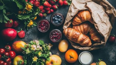 A delightful assortment of freshly baked croissants accompanied by vibrant fruits and jars of jam, perfect for breakfast or brunch gatherings.の素材