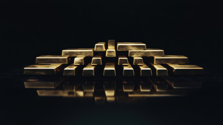 A stunning arrangement of gold bars glimmers against a dark background, showcasing luxury and wealth. This image reflects the essence of financial prosperity and security.の素材