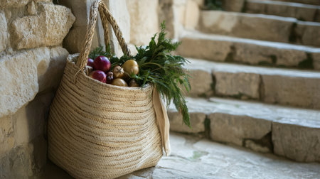 A charming rustic basket filled with fresh vegetables and herbs sits gracefully on a sunlit stone step, evoking a warm and inviting atmosphere perfect for culinary inspiration.の素材