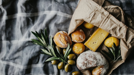 A top view image showcasing an arrangement of rustic bread, cheese, olives, and lemons on a checkered cloth, perfect for culinary inspiration.の素材