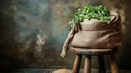 Fresh coriander herb displayed in a rustic bag on a wooden stool against a textured background, perfect for culinary and cooking inspiration.の素材